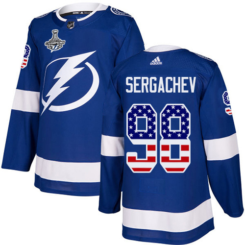 Men Adidas Tampa Bay Lightning #98 Mikhail Sergachev Blue Home Authentic USA Flag 2020 Stanley Cup Champions Stitched NHL Jersey